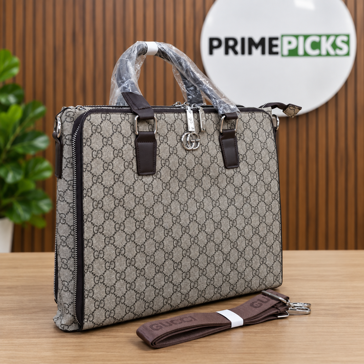 Gucci-marked monogram office bag and detachable shoulder strap; digitally composited PRIMEPICKS office image