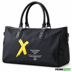 Black Karl Lagerfeld duffel bag with yellow graphic; edited white-background hero