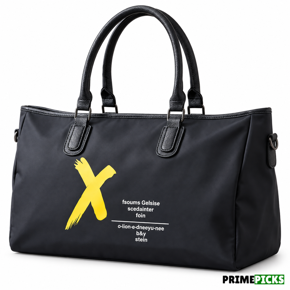 Black Karl Lagerfeld duffel bag with yellow graphic; edited white-background hero