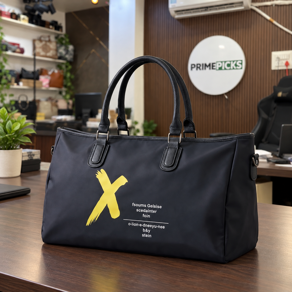 Black duffel bag with yellow graphic; edited PrimePicks office scene
