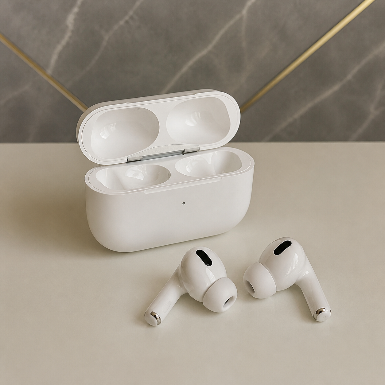 PrimePicks replica-style white earbuds beside open charging case