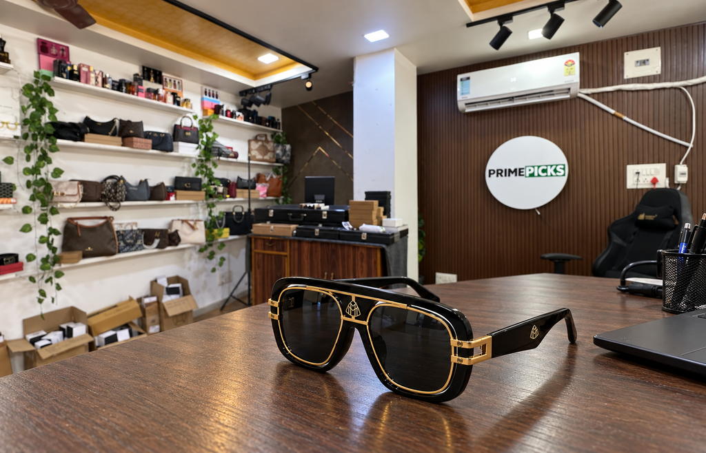 Maybach 7339 black and gold square sunglasses in the actual PrimePicks office