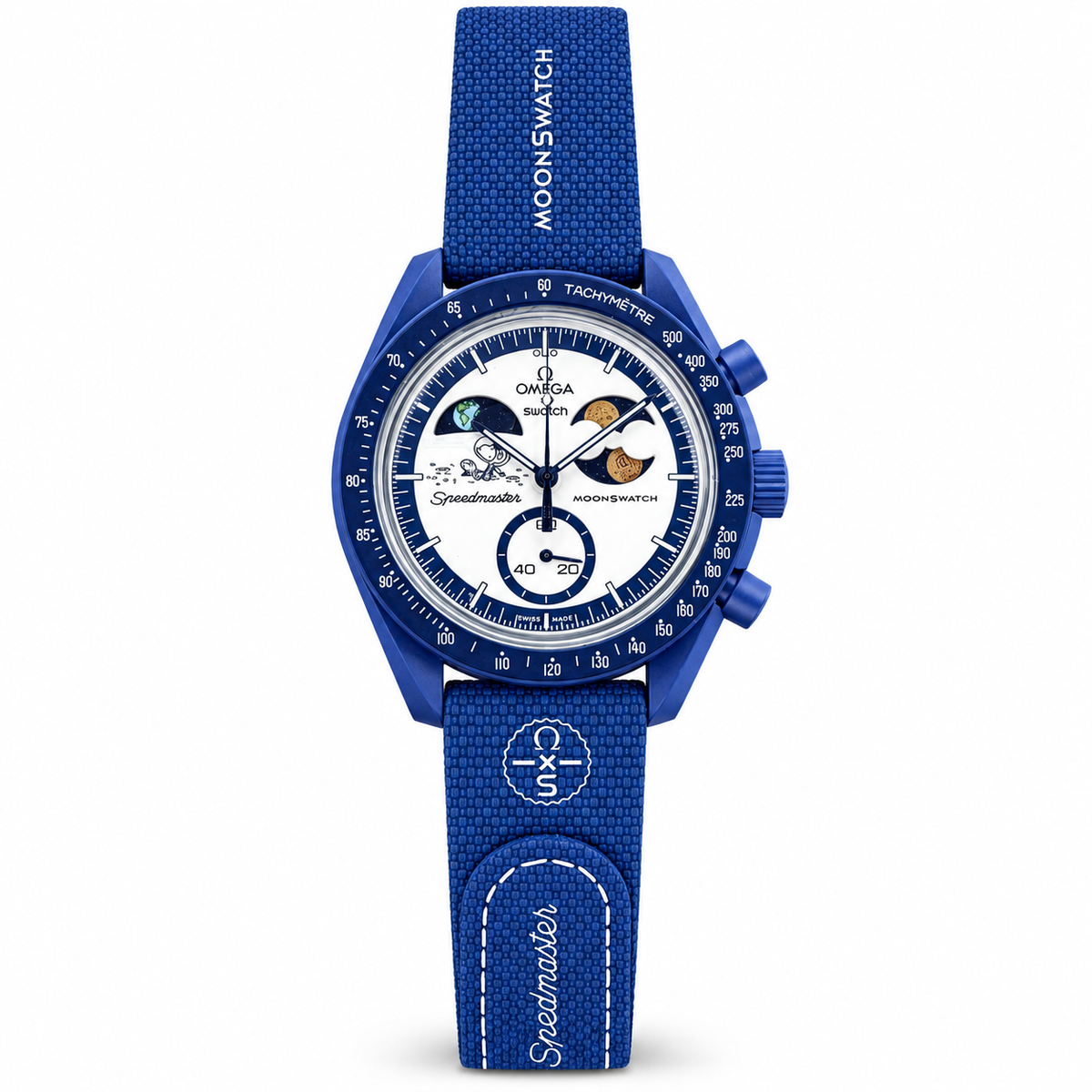 MoonSwatch Mission to Earthphase Moonshine Gold replica watch in navy on a clean white background; edited supplier-reference image