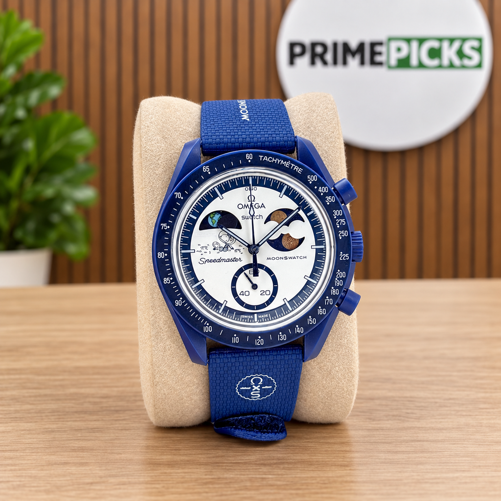 MoonSwatch Mission to Earthphase Moonshine Gold replica watch in a digitally composited PRIMEPICKS office scene