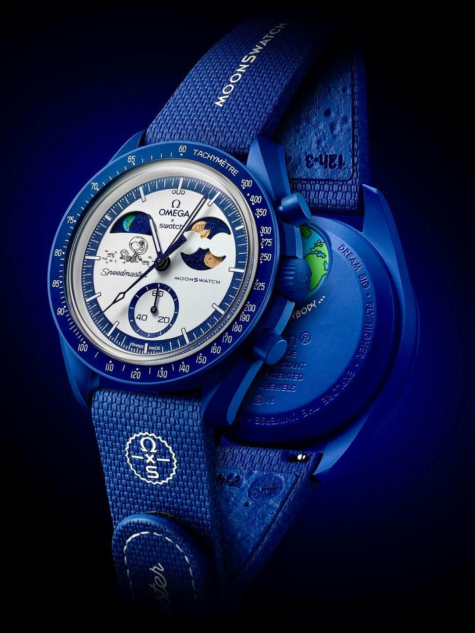 Front and caseback presentation of the navy MoonSwatch Mission to Earthphase replica watch