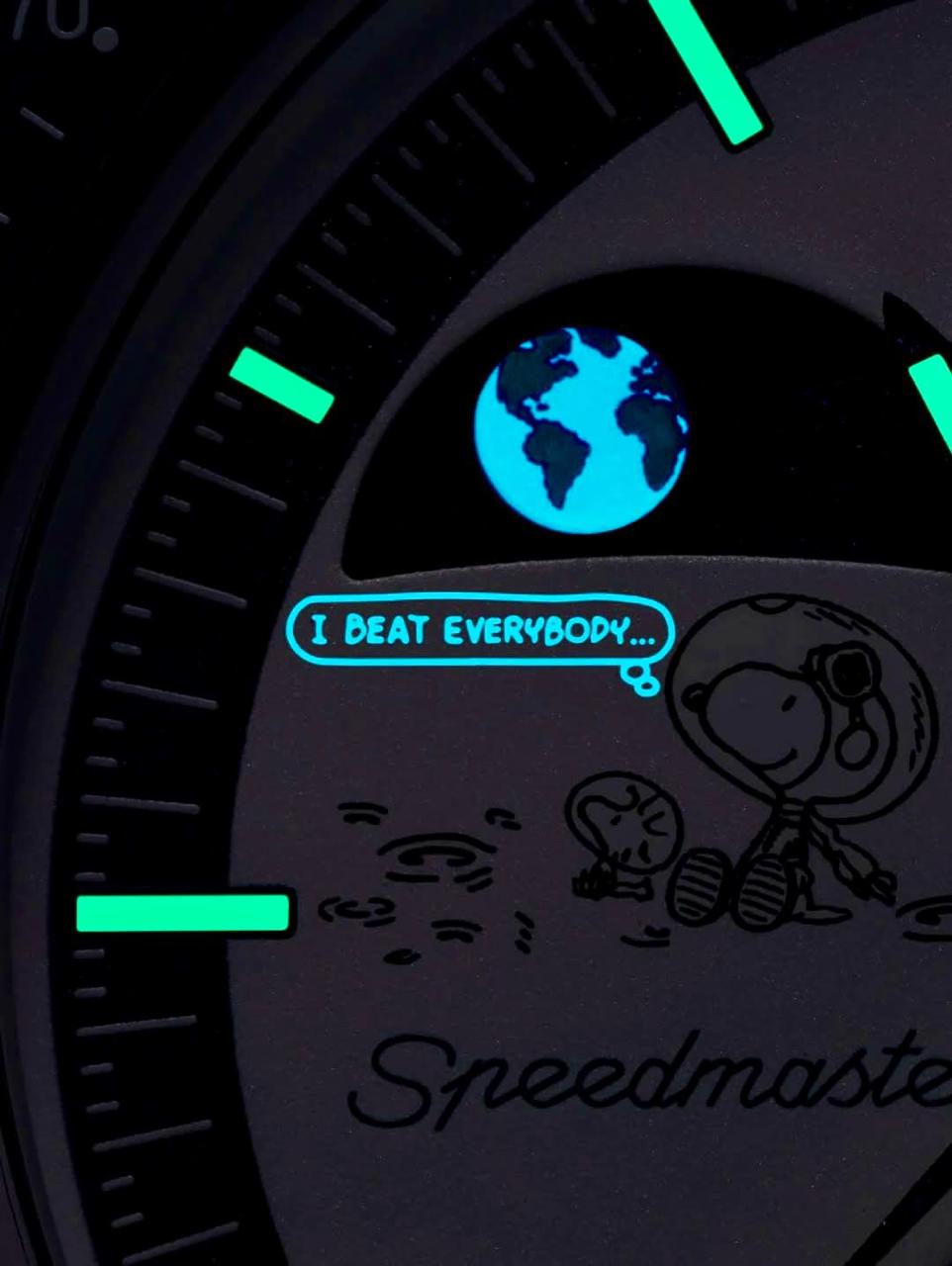 Close-up of the luminous Earth-phase and Snoopy dial detail