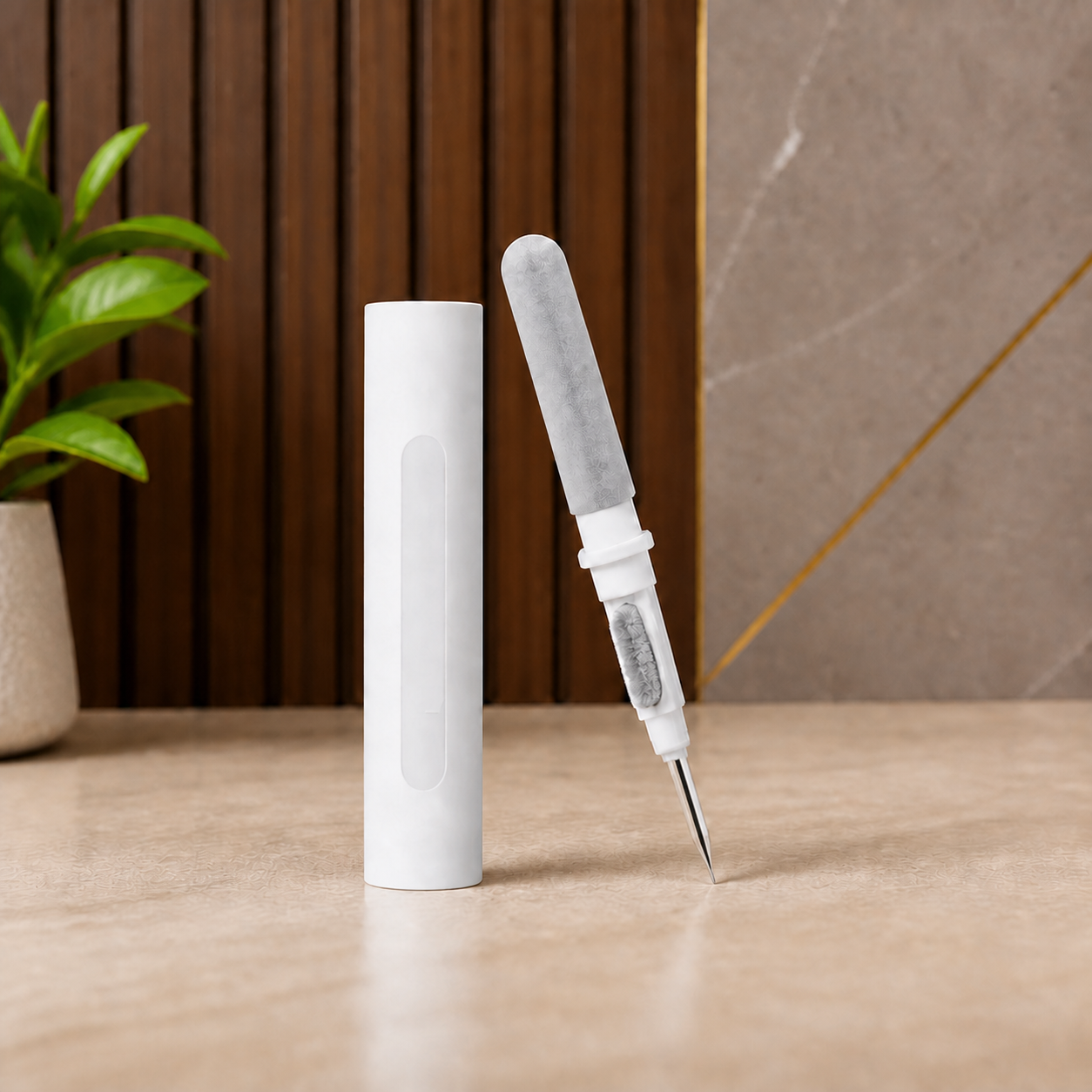 White PrimePicks Multi-Clean Pen with dual-ended cleaning tool in office setting