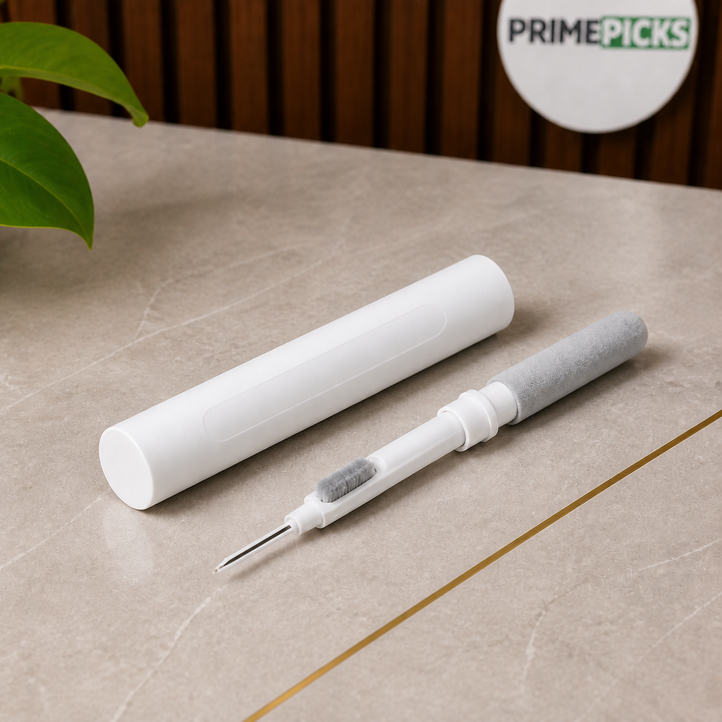 White PrimePicks Multi-Clean Pen laid open on grey stone surface