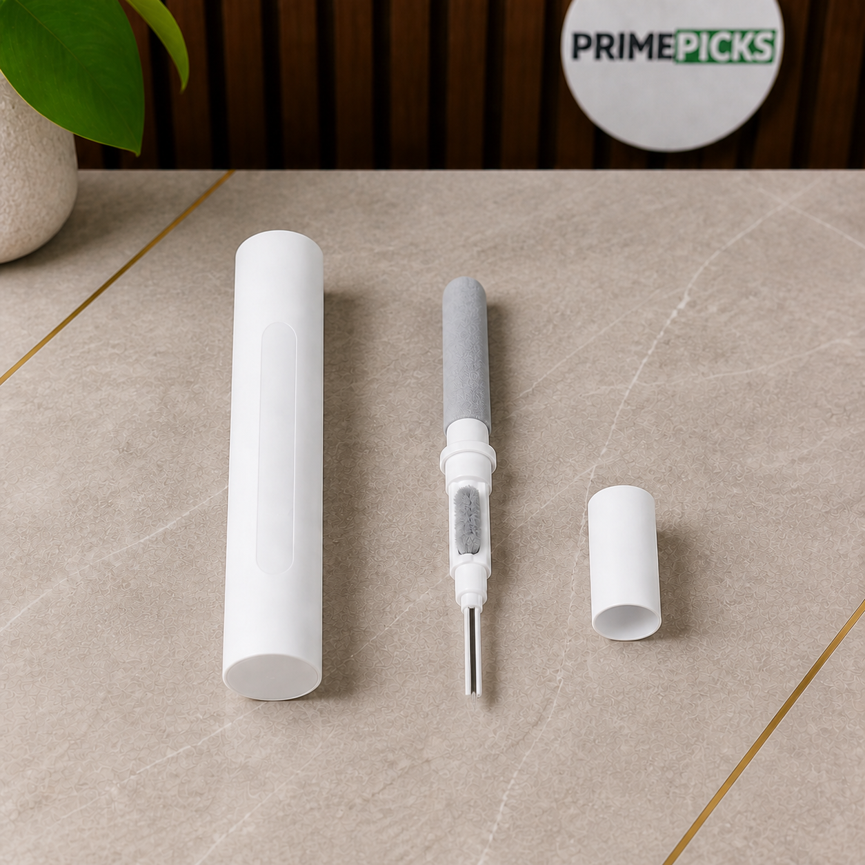 PrimePicks Multi-Clean Pen holder, tool and cap in disassembled top view