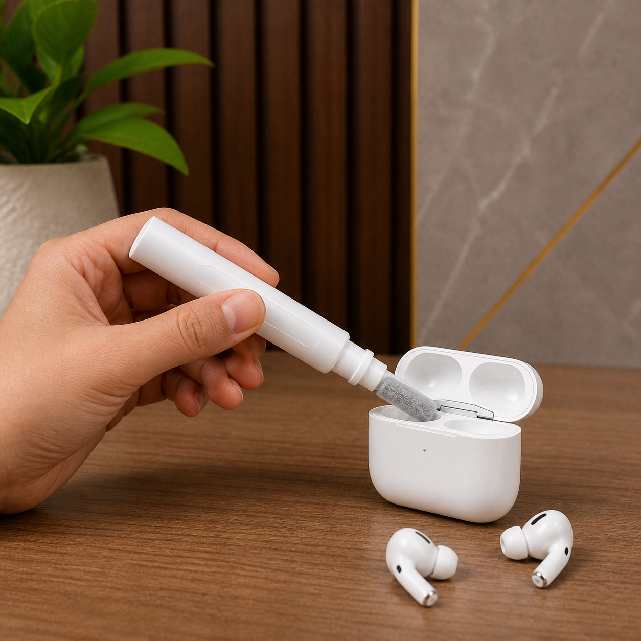 PrimePicks Multi-Clean Pen sponge cleaning a wireless-earbud case
