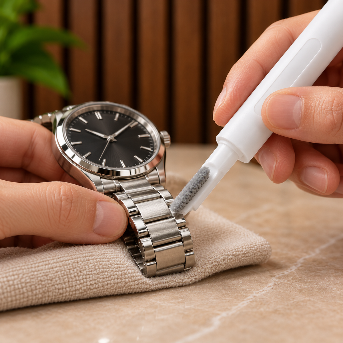 PrimePicks Multi-clean pen soft brush cleaning a stainless steel watch bracelet