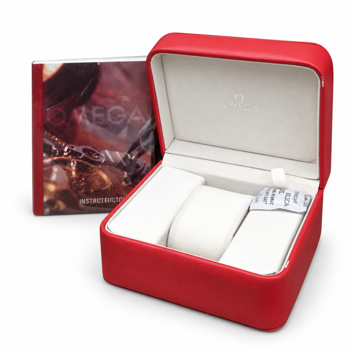 Optional Omega OG Box packaging with red presentation box and instruction booklet; watch not included