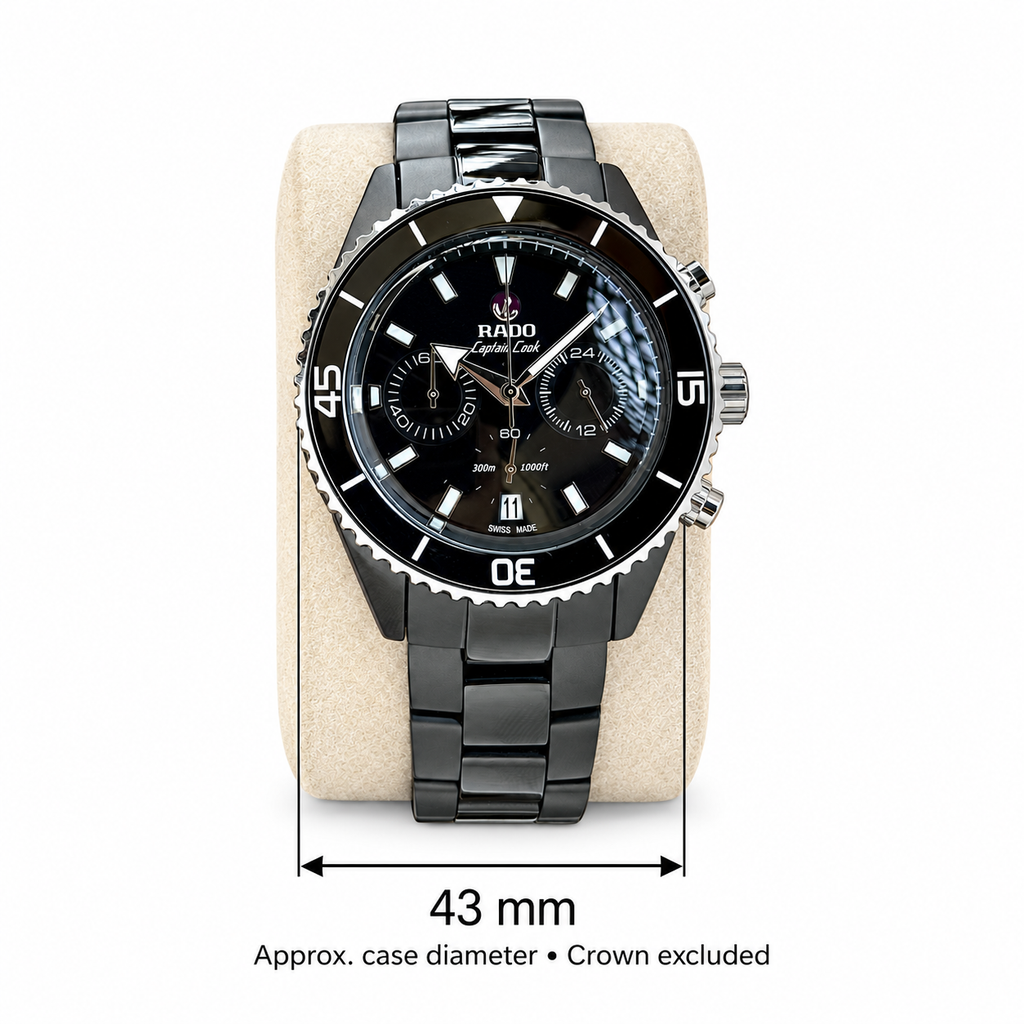 Approximate 43 mm case diameter excluding crown, illustrated on the Captain Cook replica watch