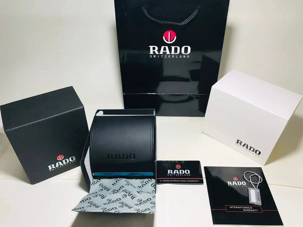 Supplied Rado OG packaging kit with curved case, outer packaging, carry bag and paperwork
