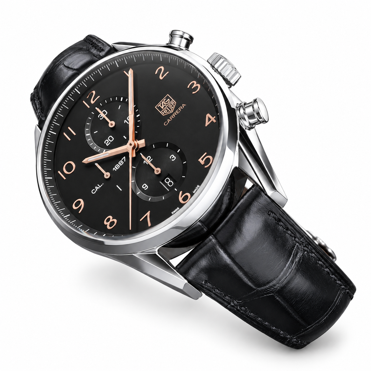 TAG Heuer Carrera Calibre 1887-style replica watch with black dial and black leather strap on a clean white background; edited supplier-reference image