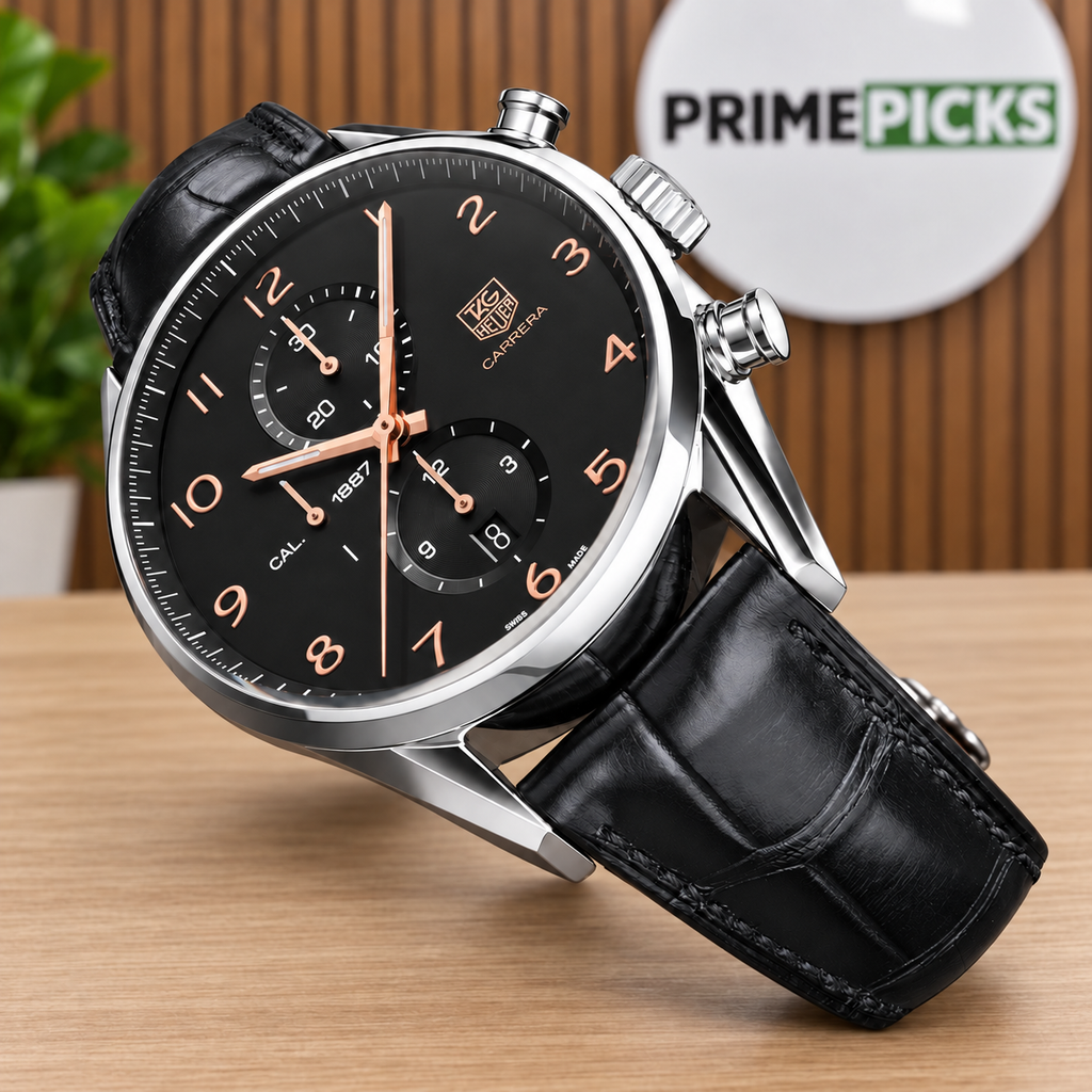 TAG Heuer Carrera Calibre 1887-style replica watch in a digitally composited PRIMEPICKS office scene