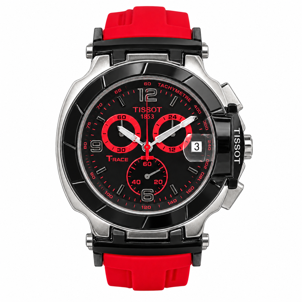 T-Race replica watch with red strap and black dial on white