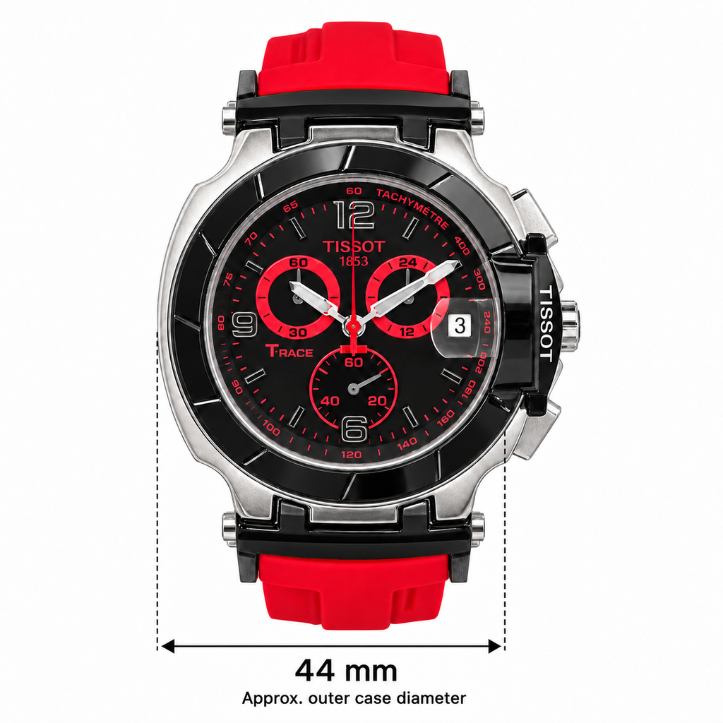 T-Race replica watch showing approximate 44 mm outer case diameter