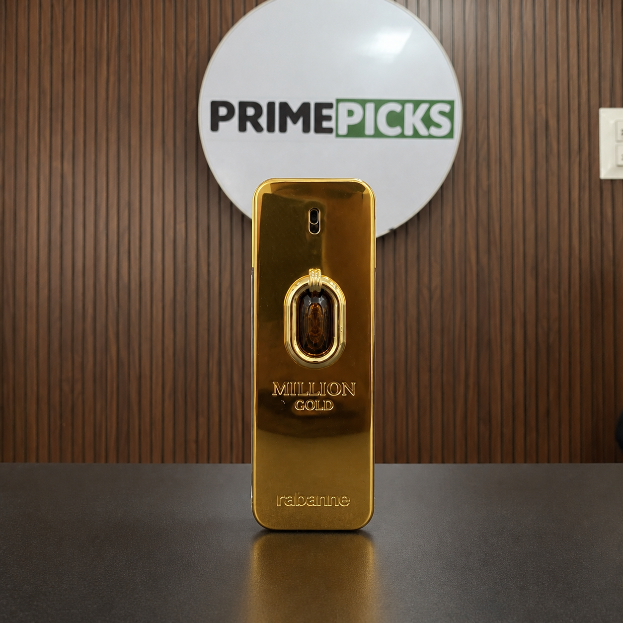 Rabanne Million Gold Elixir Parfum Intense bottle at the PrimePicks office