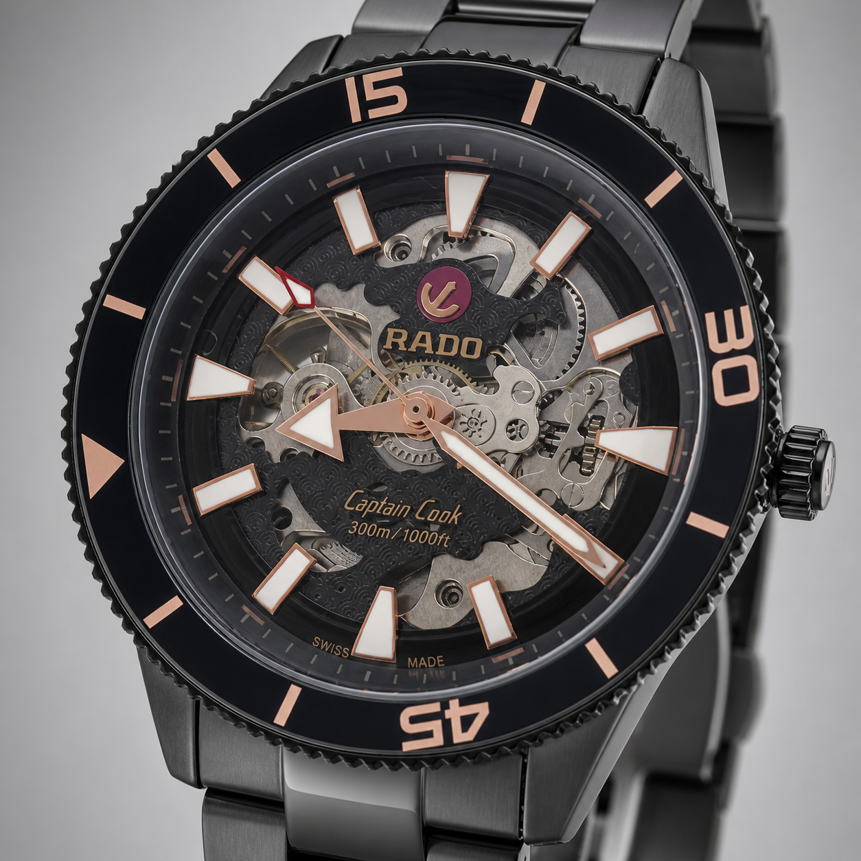 Rado Captain Cook open-heart dial and bracelet detail