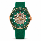 Rado Captain Cook green and rose-gold open-heart 42mm watch on white background
