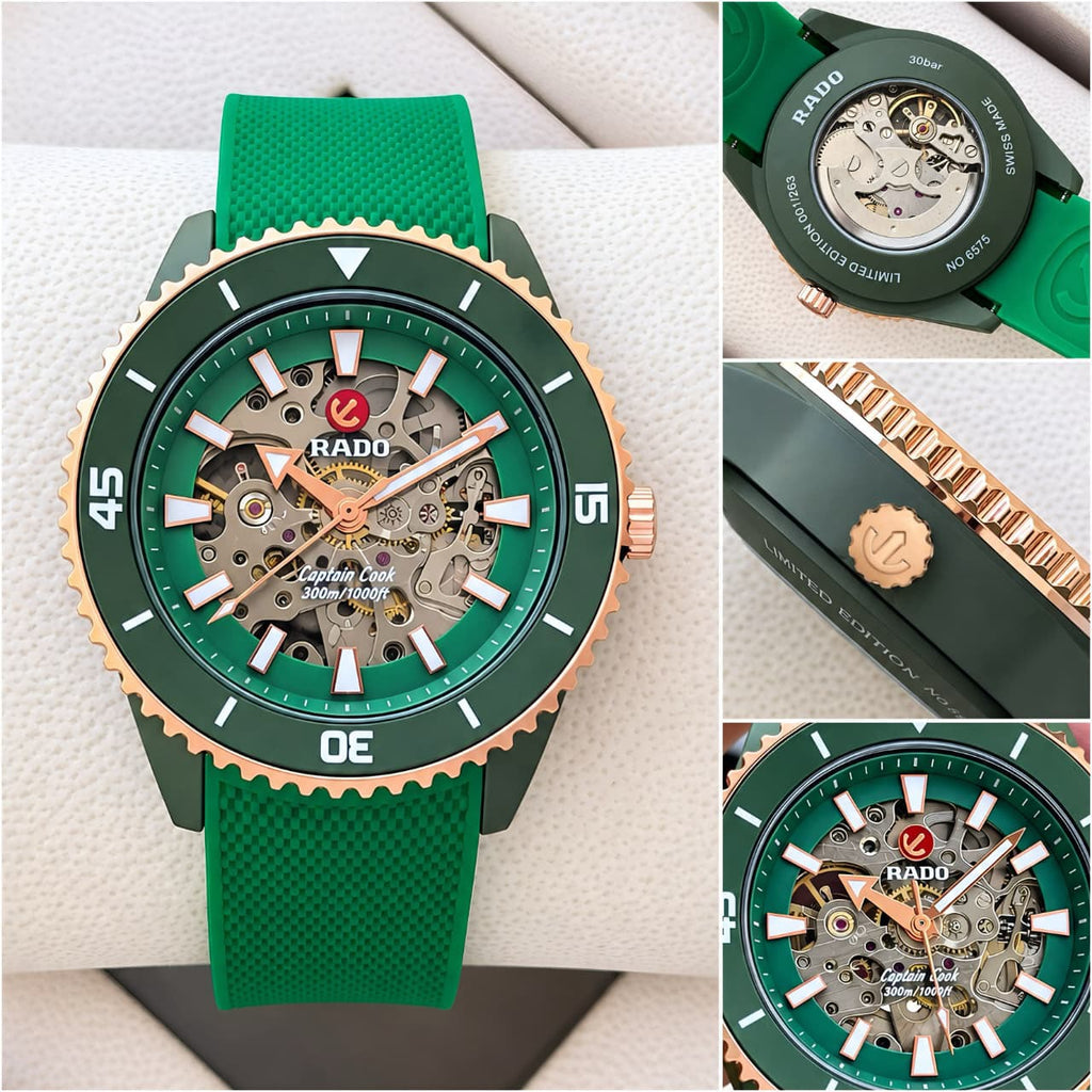 Rado Captain Cook watch front, caseback and crown detail collage