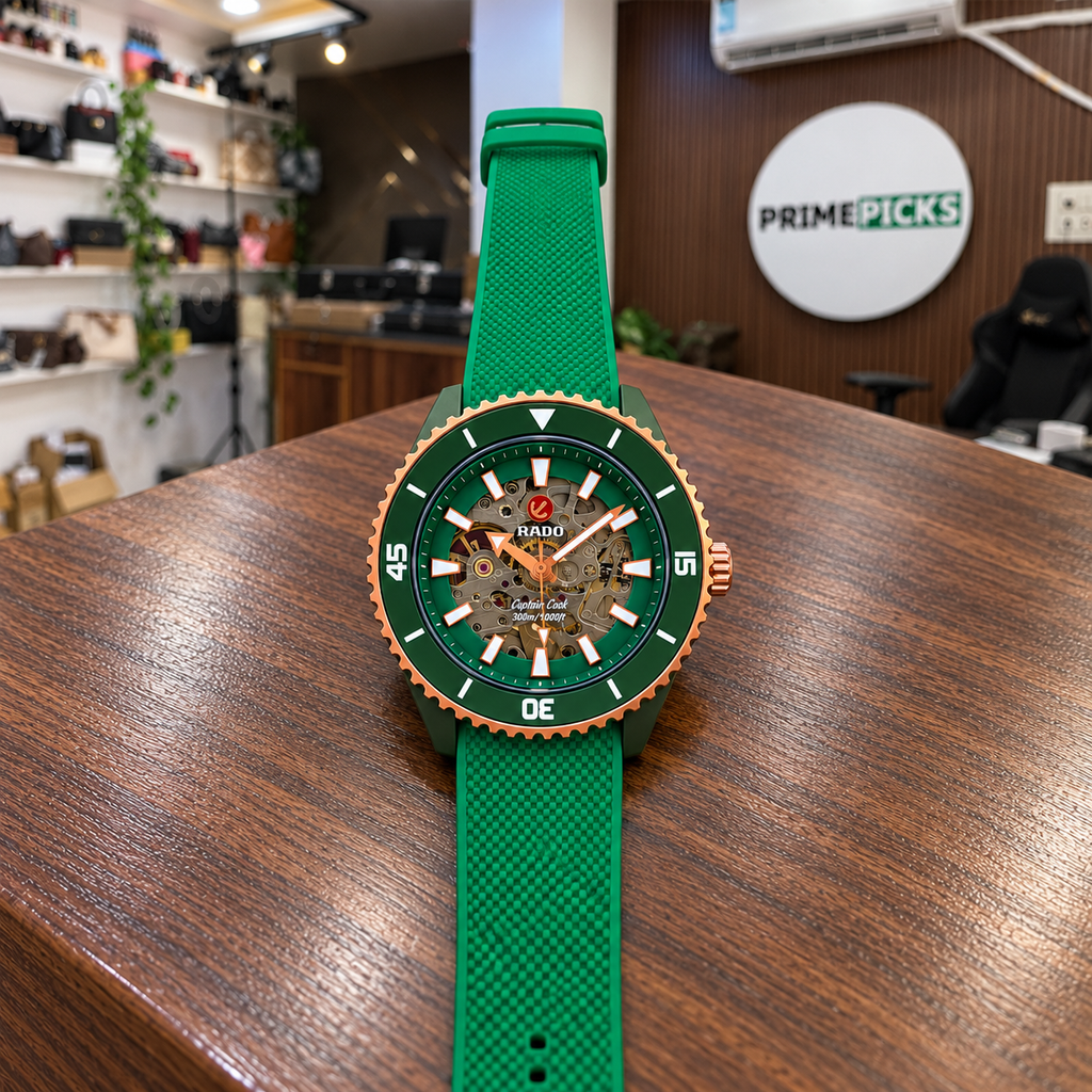 Rado Captain Cook green and rose-gold watch at the PrimePicks office