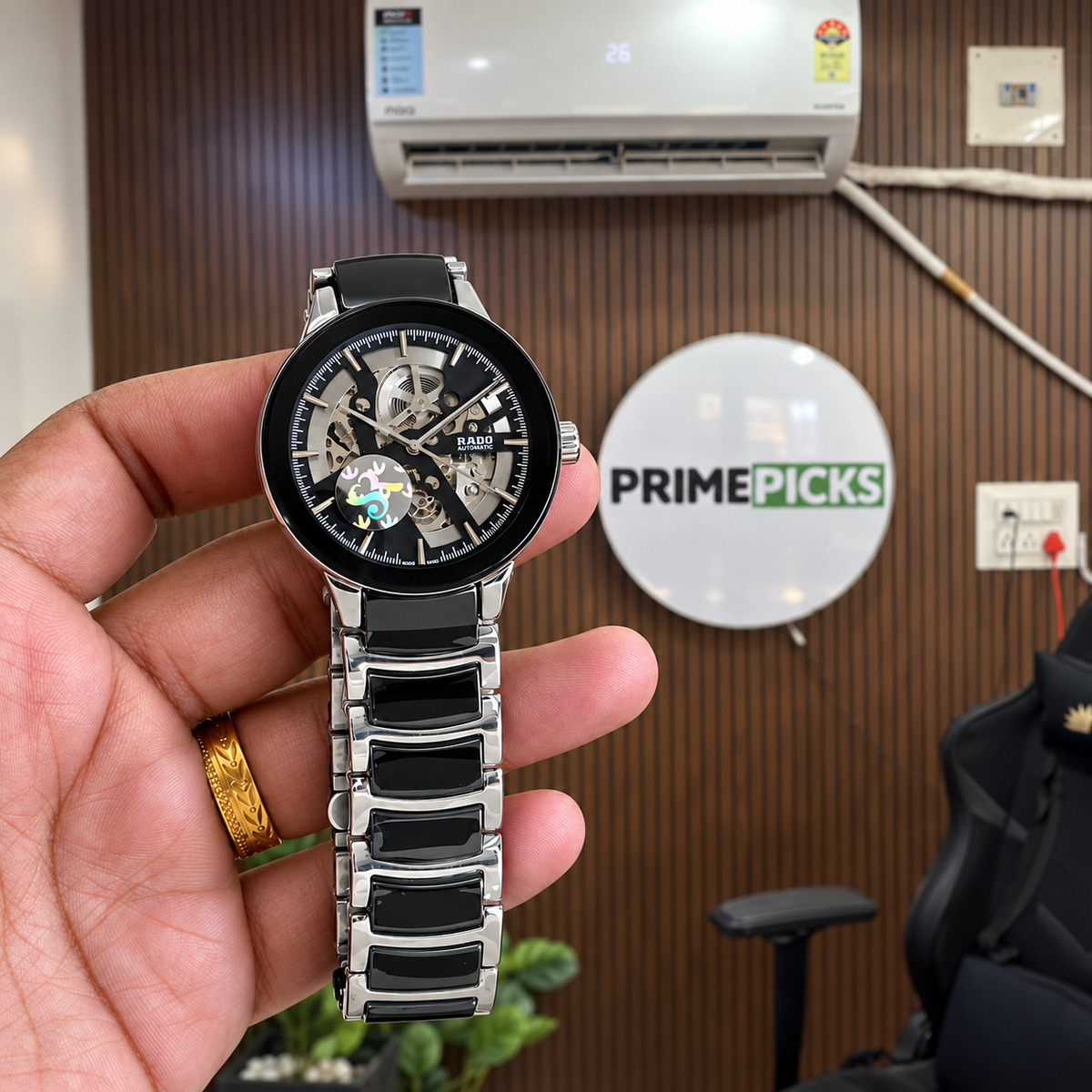 Rado Centrix Open Heart automatic watch at the PrimePicks office