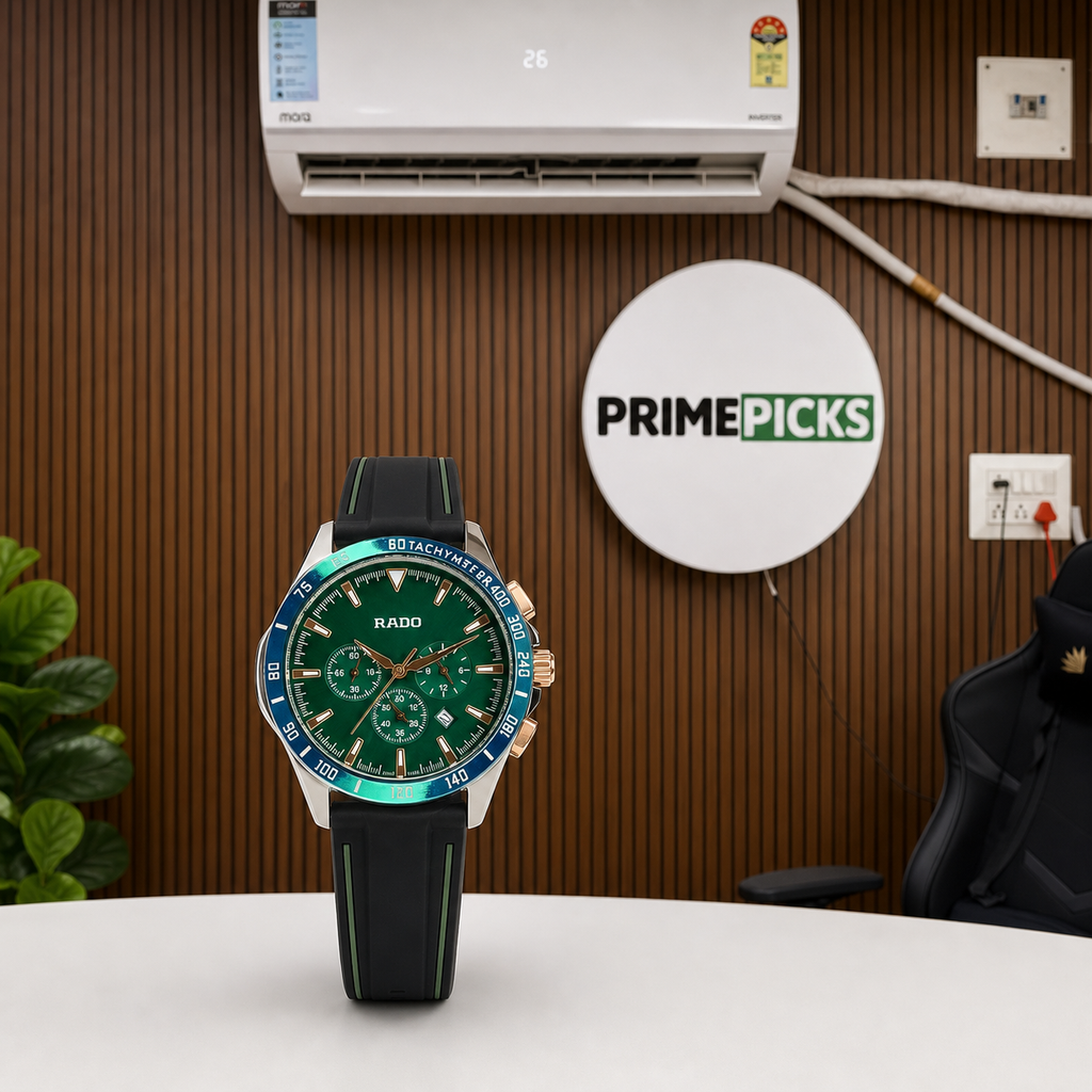 Rado HyperChrome green chronograph watch in front of the PRIMEPICKS office logo