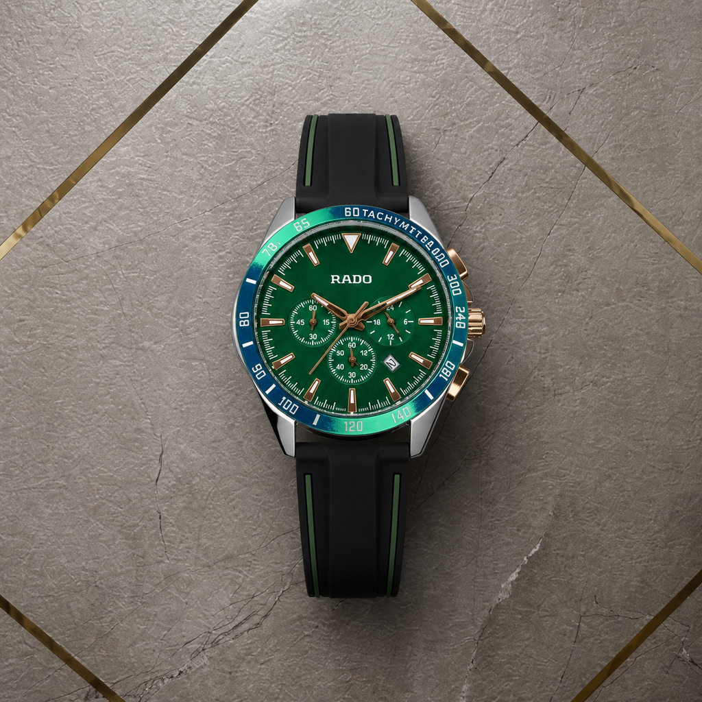 Rado HyperChrome green-dial chronograph watch on gray office wall