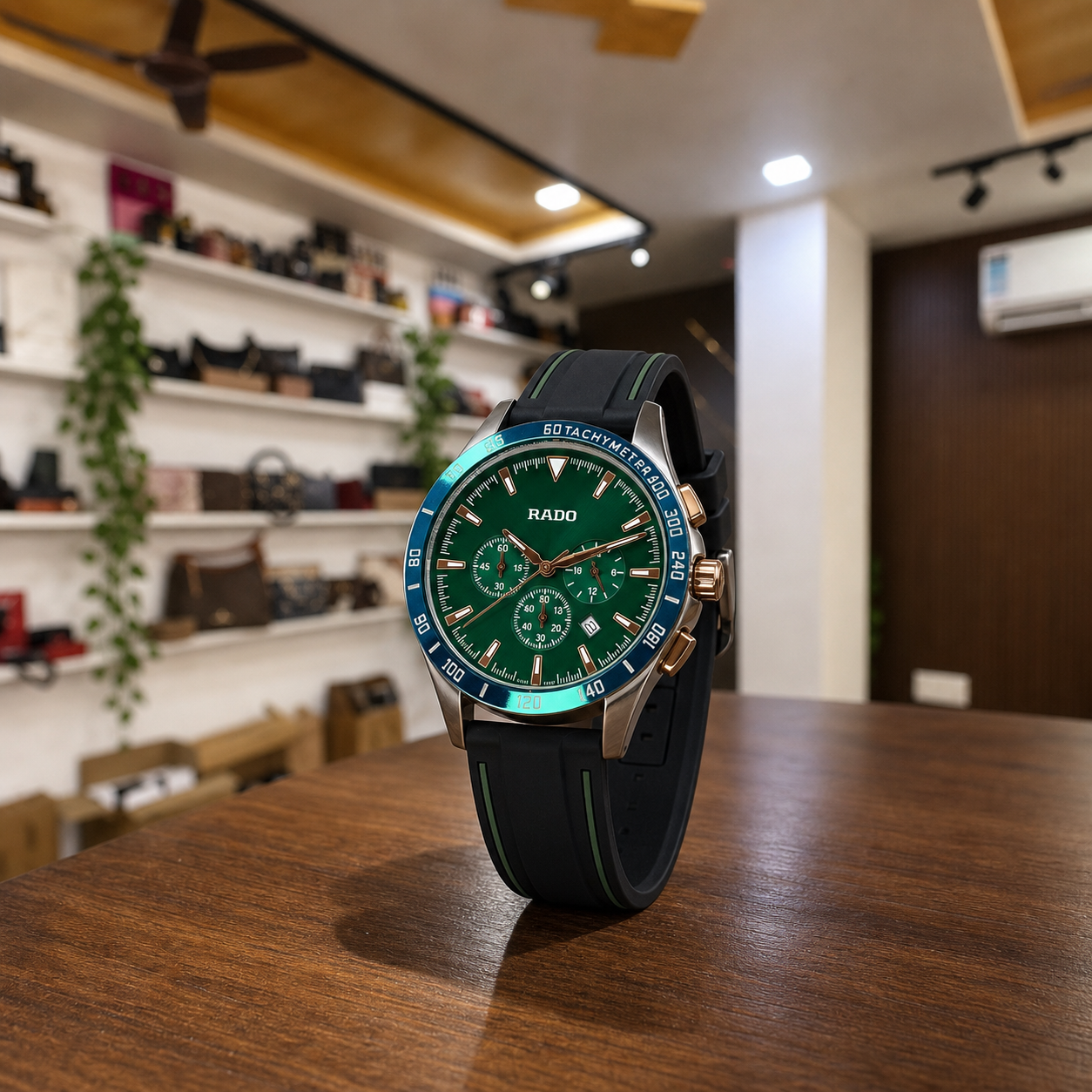 Rado HyperChrome men’s green chronograph watch in the Primepicks office
