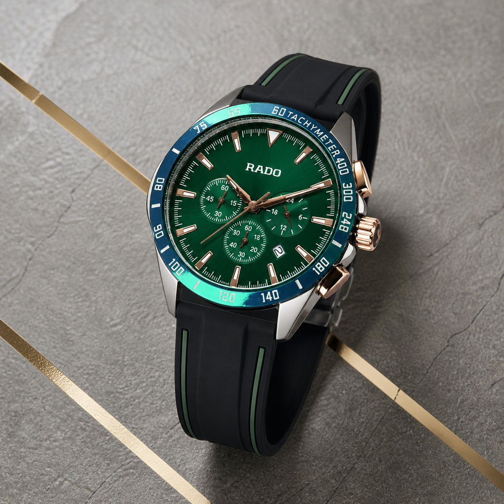 Close-up of Rado HyperChrome green chronograph dial and black rubber strap