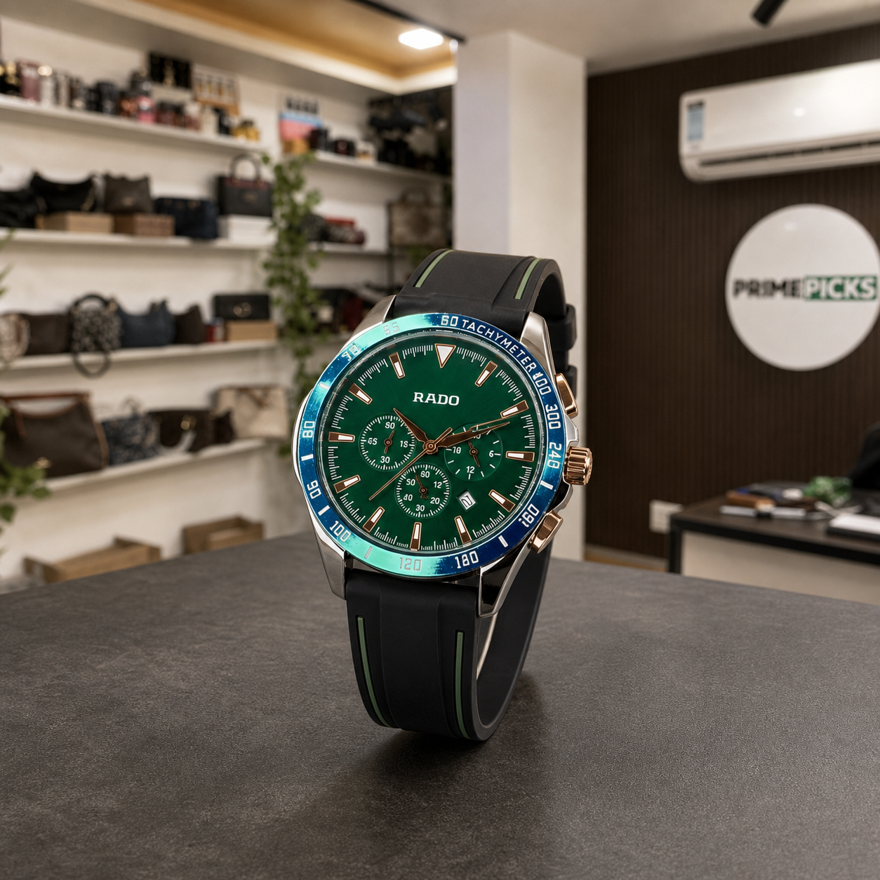 Angled Rado HyperChrome green-dial chronograph watch in office