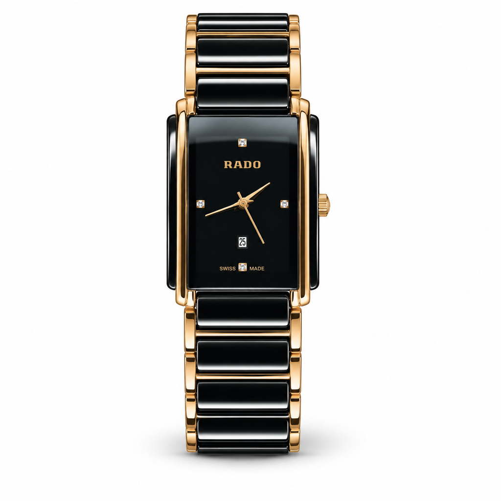 Rado Integral Jubile black and gold-tone ceramic watch on white background