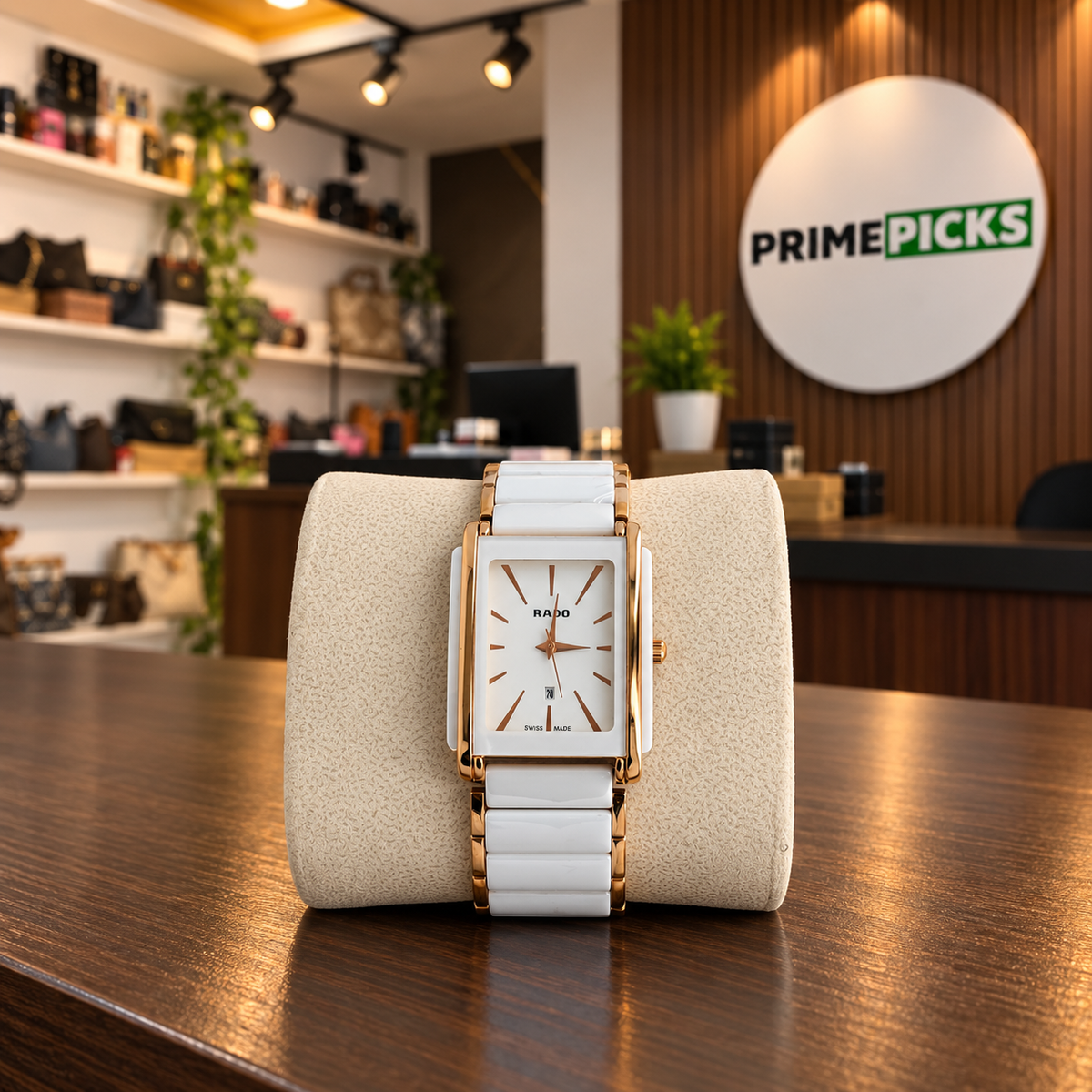 Rado Integral-style white watch, front view in the PrimePicks office