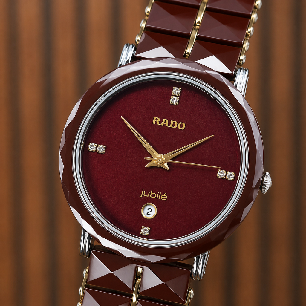 Rado Jubile burgundy dial and crystal marker detail