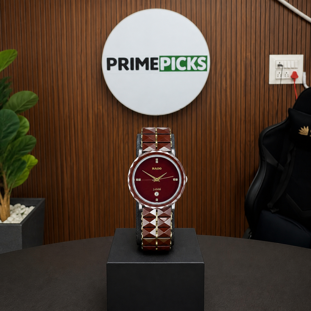 Rado Jubile brown ceramic watch hero in Primepicks office