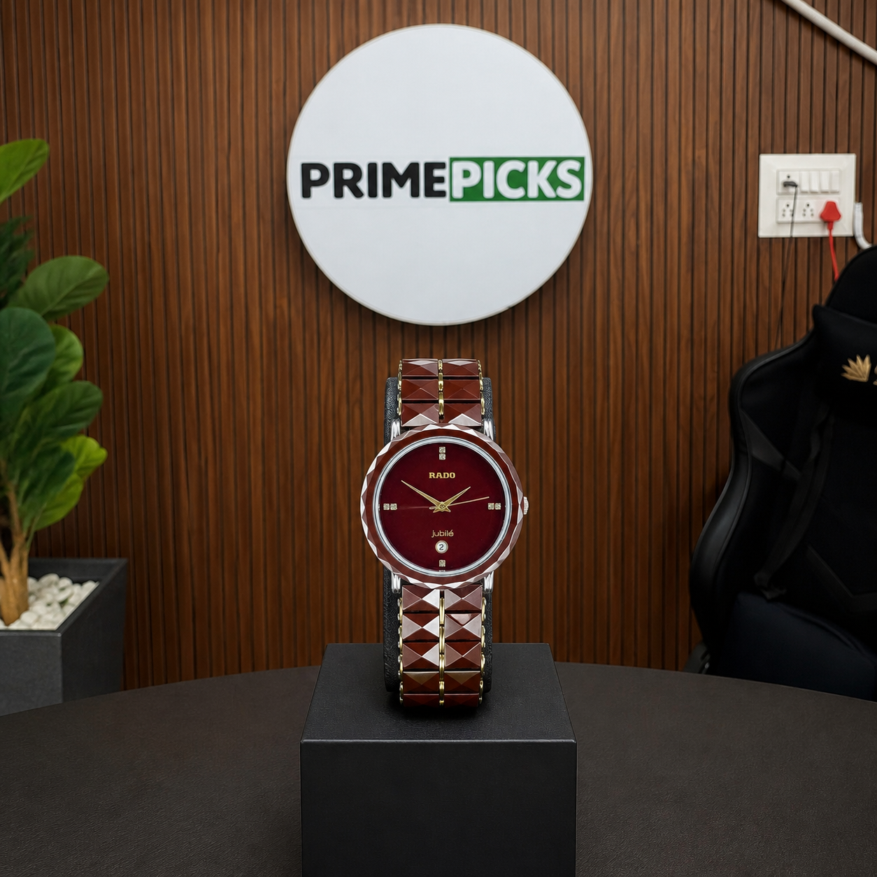 Rado Jubile brown ceramic watch hero in Primepicks office