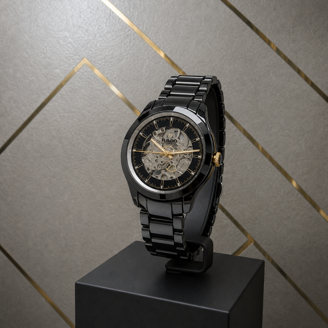 Rado skeleton black automatic watch angled view