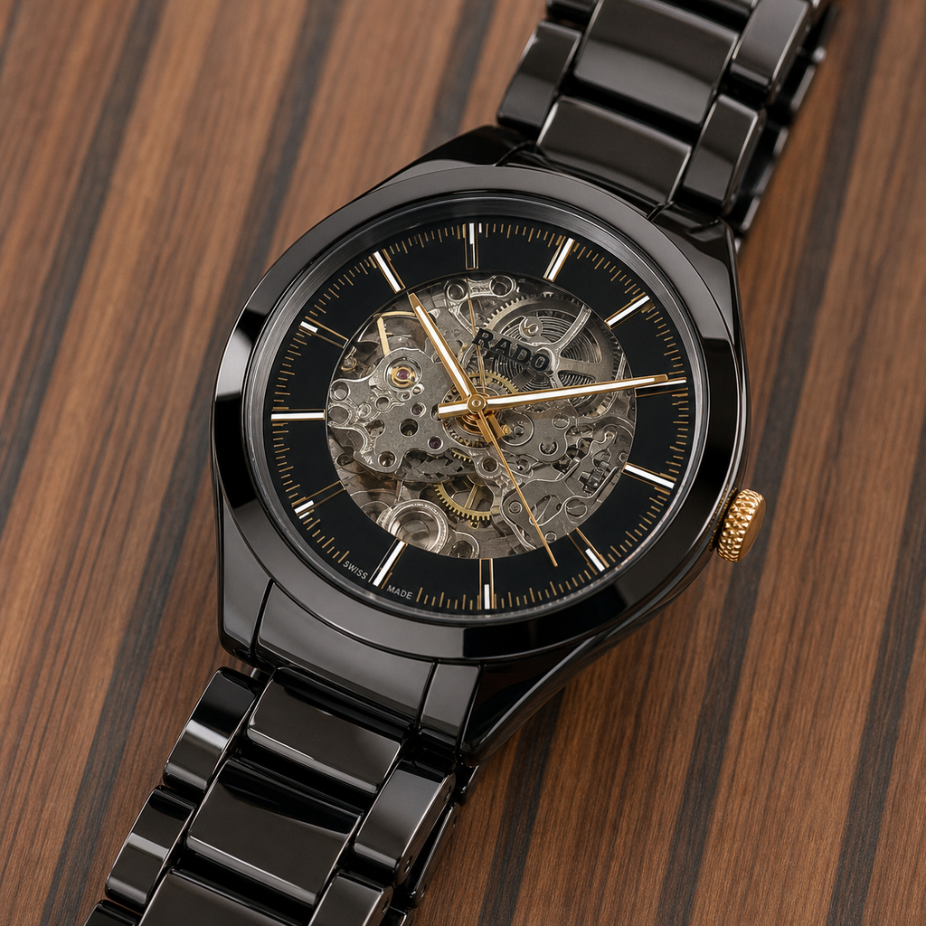 Rado skeleton black automatic open-worked dial detail