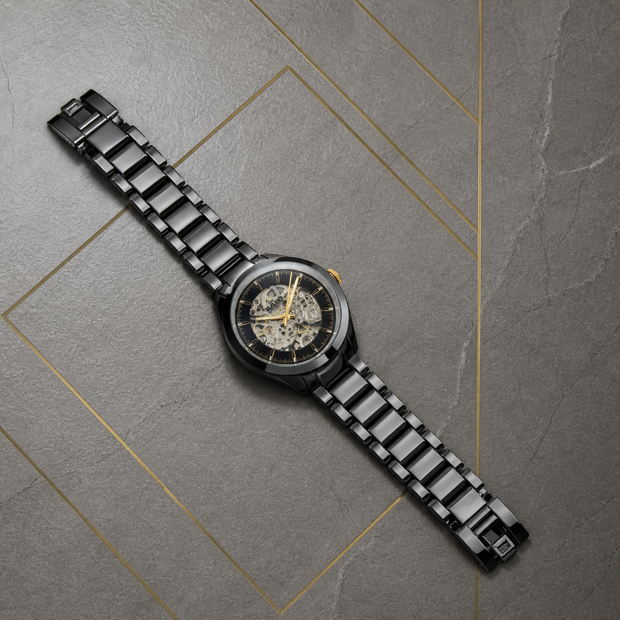 Rado skeleton black automatic watch full flat lay