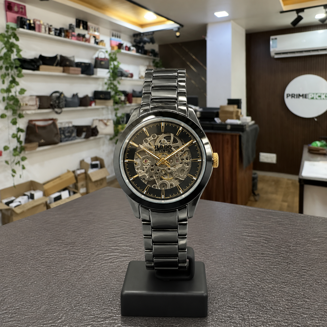 Rado skeleton black automatic watch in Primepicks showroom