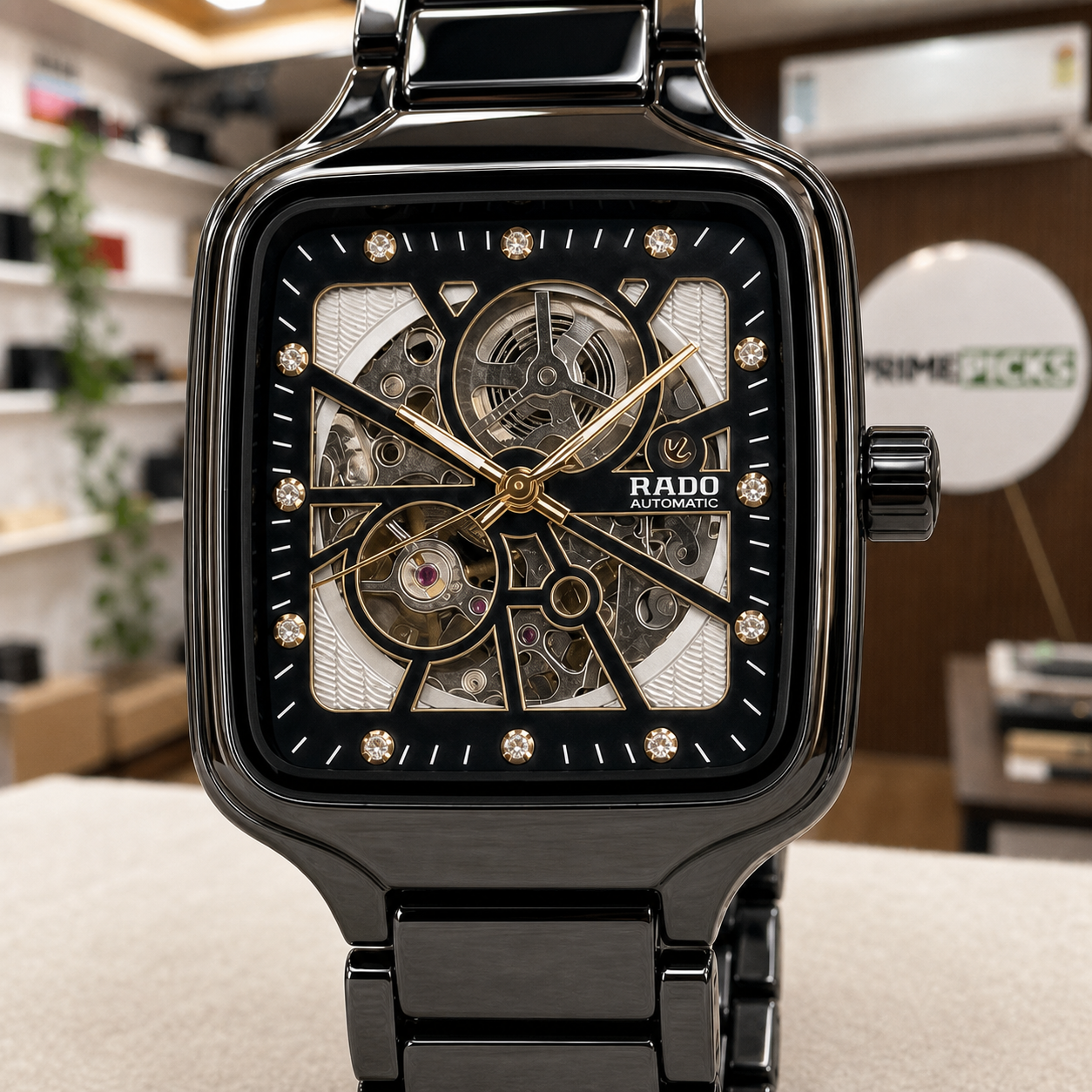 RADO True Square Automatic Open Heart skeleton dial detail in PrimePicks office