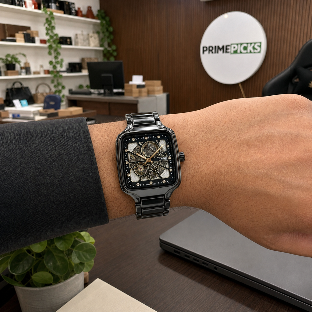 RADO True Square Automatic Open Heart worn at a PrimePicks office desk