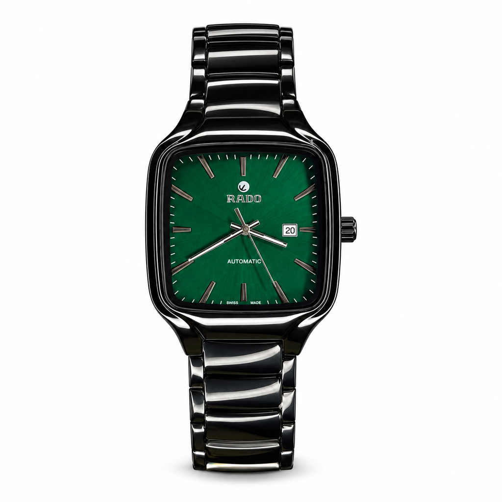 Rado True Square men’s green dial black watch on white background