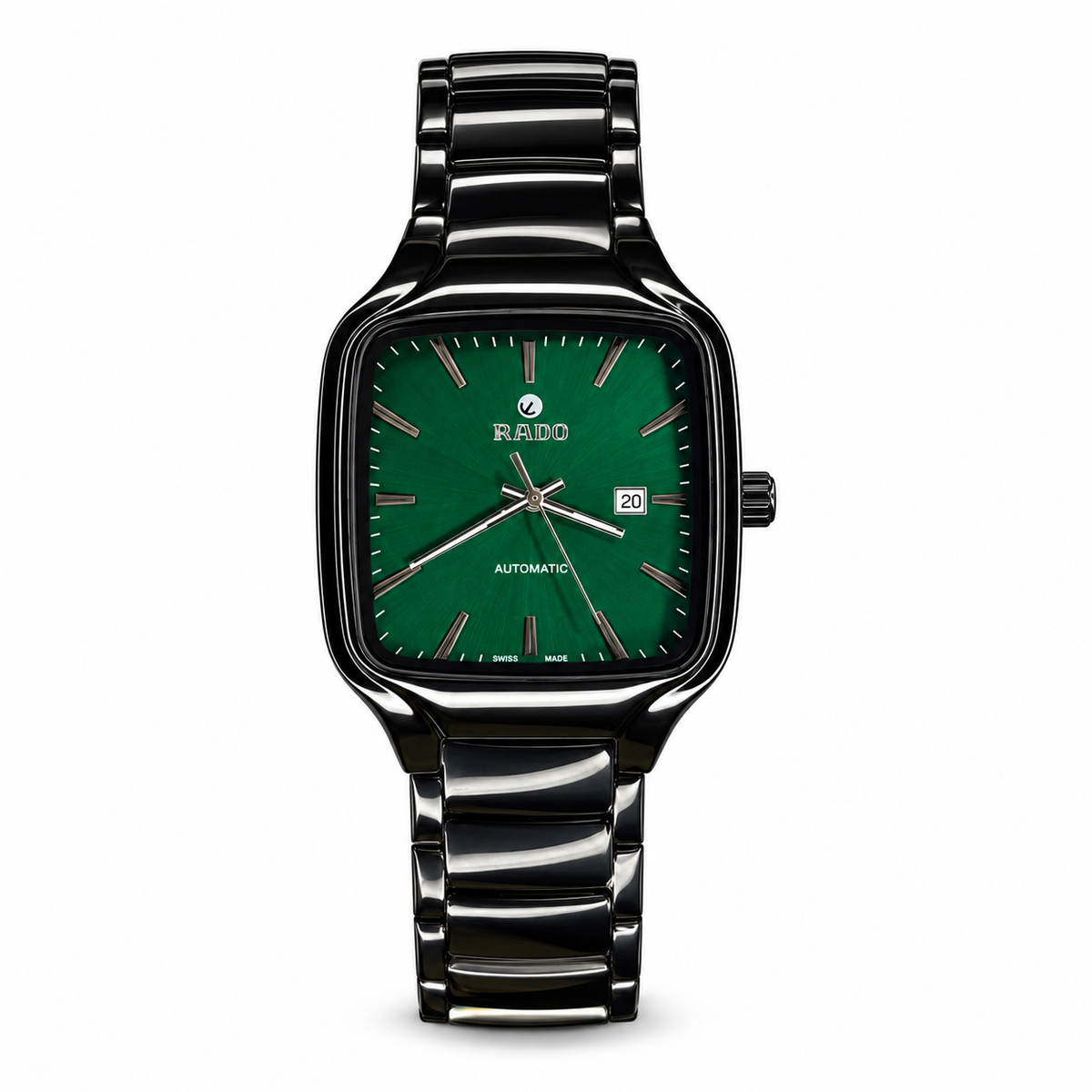 Rado True Square men’s green dial black watch on white background