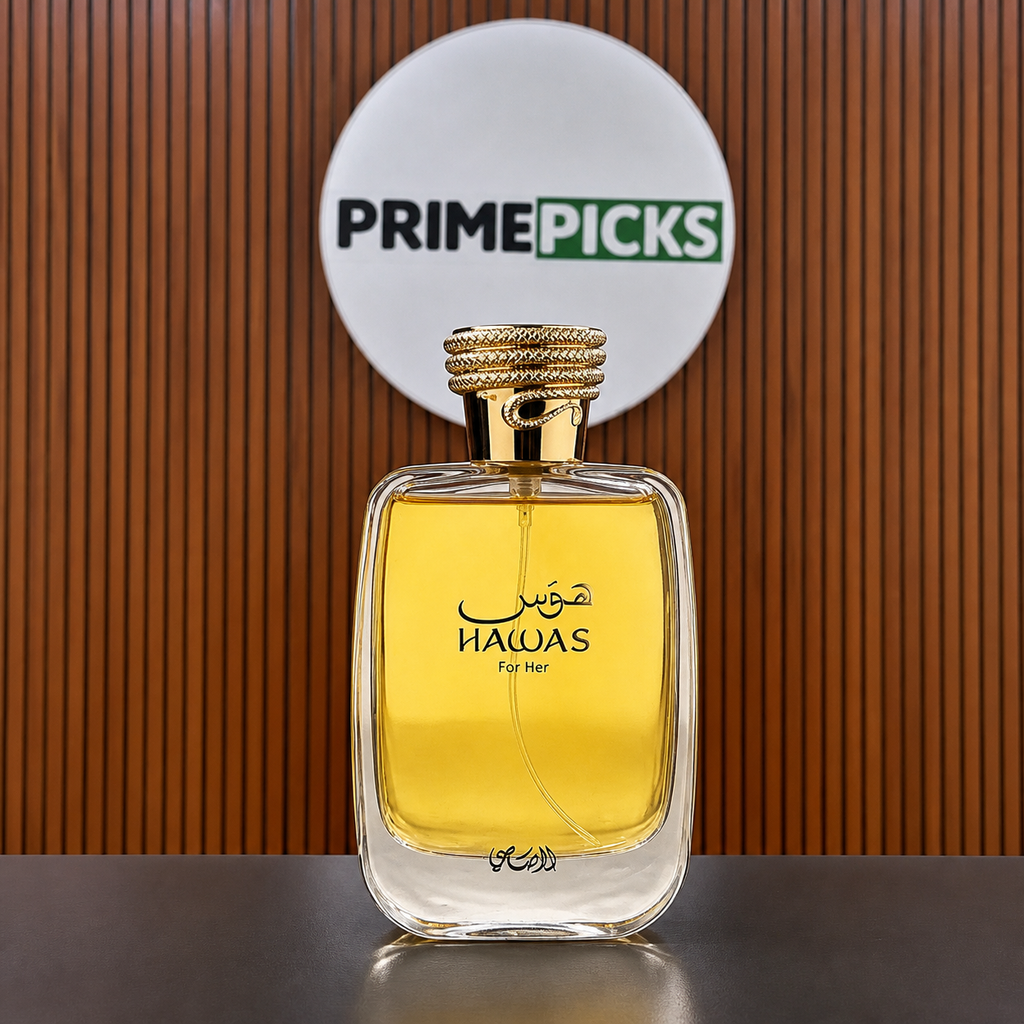 Rasasi Hawas for Her perfume bottle at the PrimePicks office sign