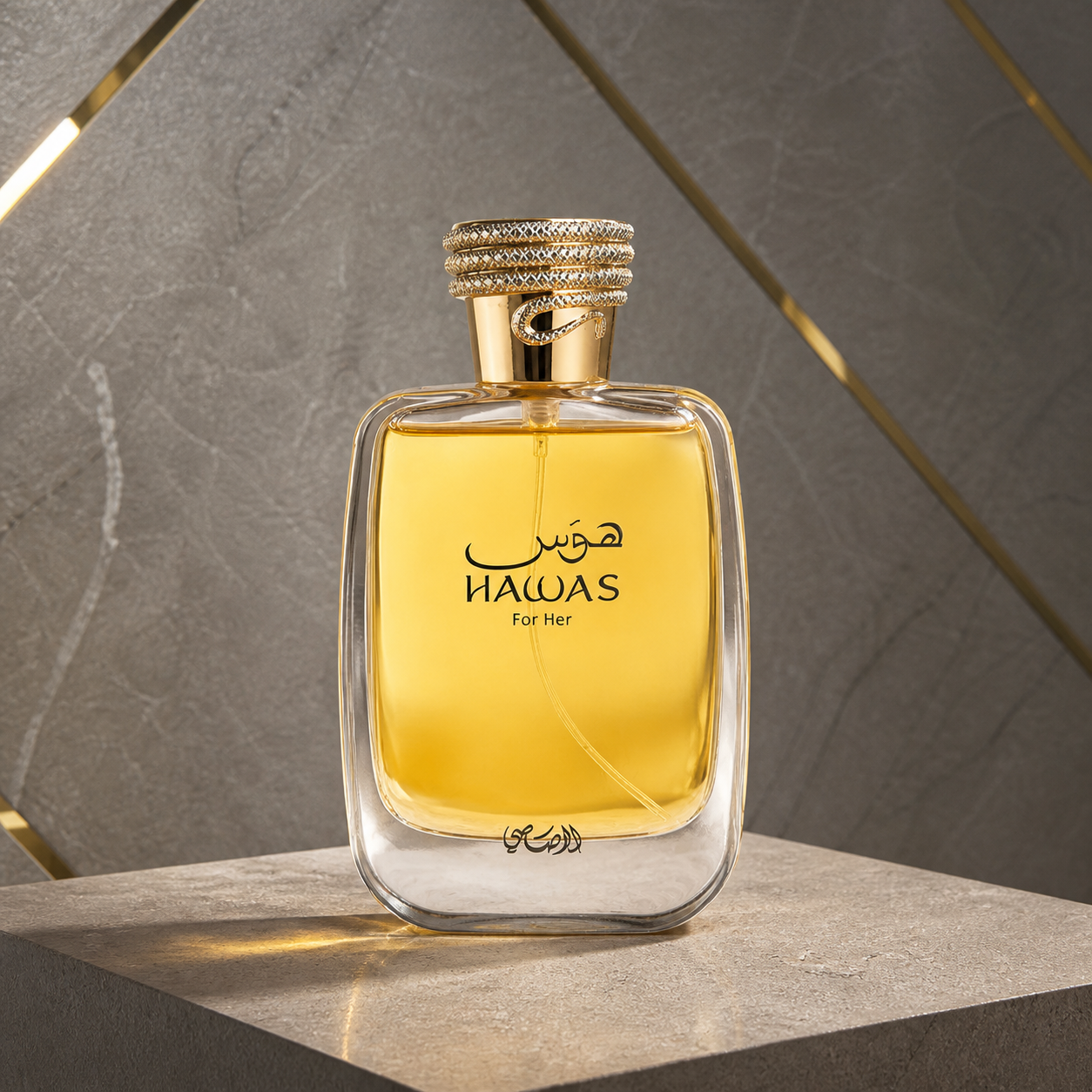 Rasasi Hawas for Her perfume bottle against the PrimePicks stone wall