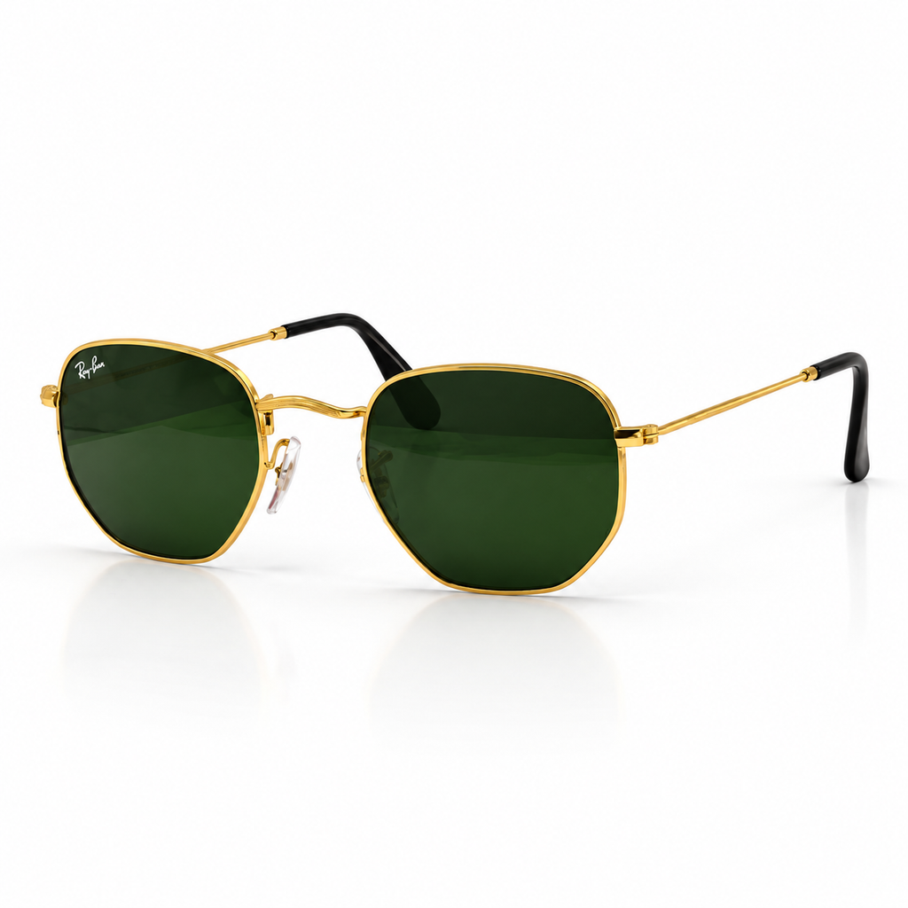 Ray-Ban - Gold Hexagonal Green Lens - Sunglasses on white background