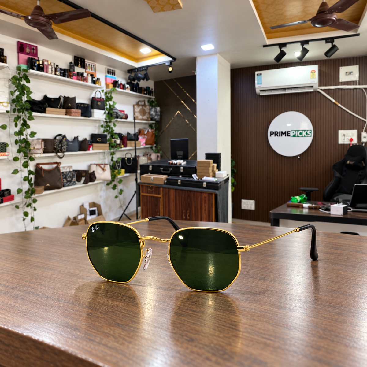Ray-Ban - Gold Hexagonal Green Lens - Sunglasses office-front view